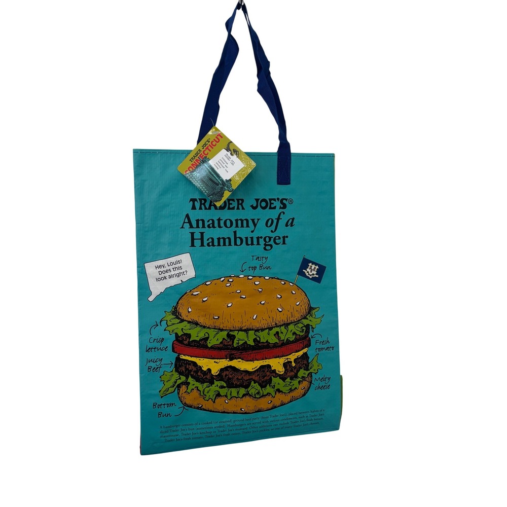 Trader Joe's Grocery Bag Unisex OS Teal NWT Connecticut Anatomy of a Hamburger